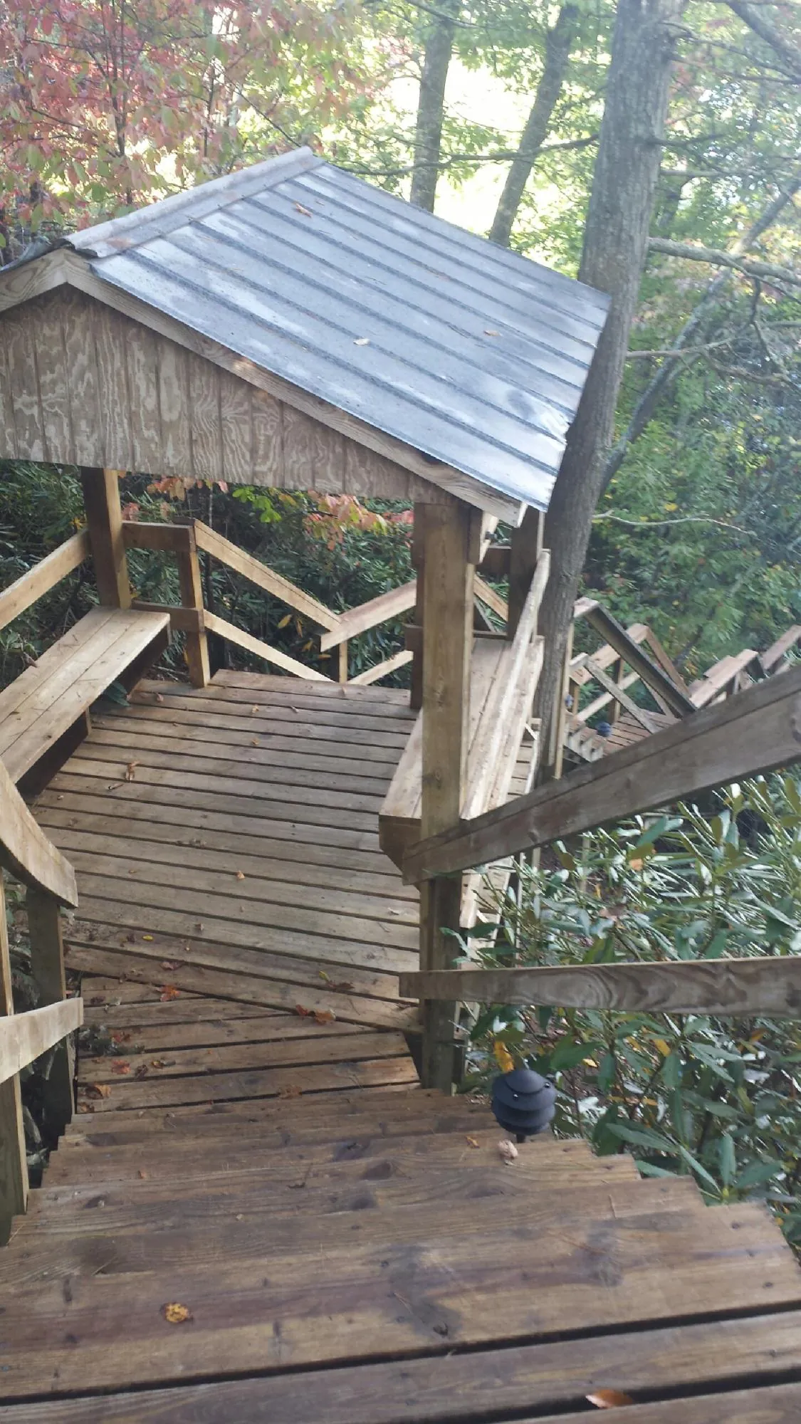 Metal roofed shelter over wooden steps on a wooded walkway — Skylight Repair & Installation work by our crew in East Leroy